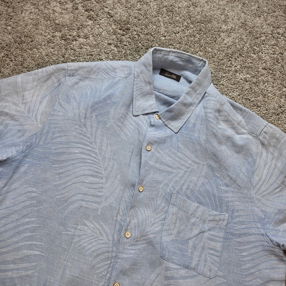 Tasso Elba Silk Linen Shirt Mens XXL Blue Palm Leaf Tropical Hawaiian Camp